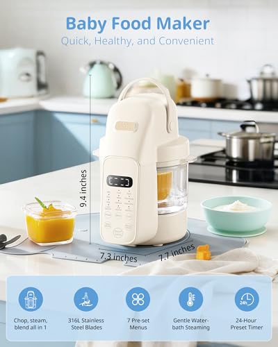 SosekiBaby FM01 Glass Baby Food Maker Steamer and Blender, 316L Stainless Steel Blades,One Step Baby Food Processor Puree Maker for Homemade Baby Food, Auto Cooking & Easy Cleaning,BPA-Free
