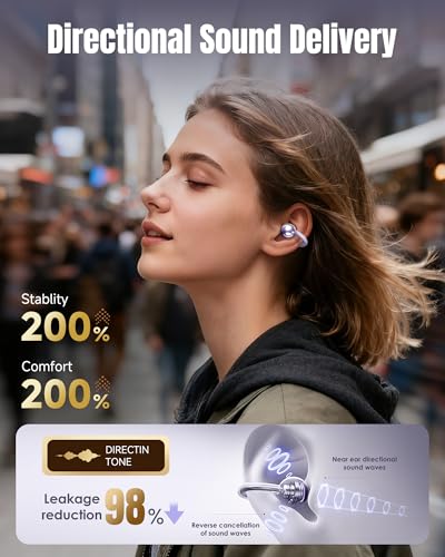 Image of King Lucky Clip-On Earbuds Gen 3, Open-Ear Wireless Bluetooth 6.0 Headphones with Mic, Secure Fit for Small Ears & Glasses Wearers, 50H Playtime, LED Digital Display, ENC, IPX5 Waterproof (Purple)