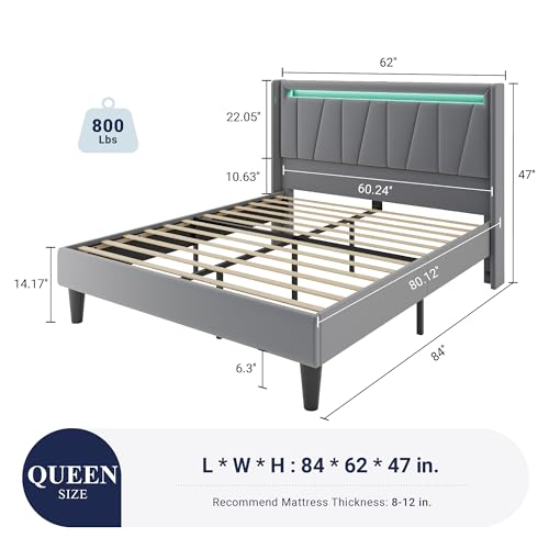 Image of Allewie Queen Size LED Bed Frame with Charging Station, Velvet Upholstered Platform Bed with Geometric Wingback Headboard, Modern Frame with No Box Spring Needed, Easy Assembly, Grey