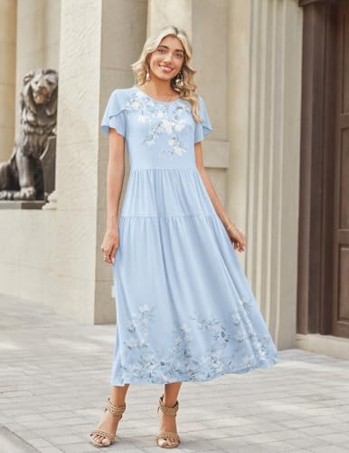 Image of Zeagoo Summer Dresses for Women 2026 Maxi Bohemian Floral Short Sleeve Long Dress Casual Flowy Tired Beach Sundress