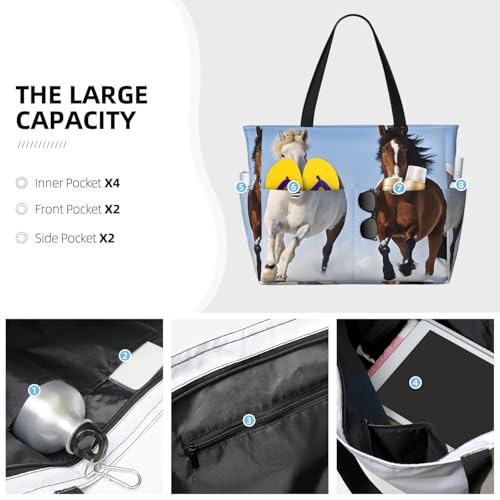 (Black and White Horses Running) Large Beach Tote Bag for Women Waterproof Sandproof Travel Shoulder Bag with Pocket for Pool Vacation Weekend Gym3
