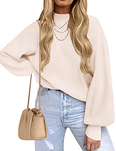 ZESICA Women's Casual Turtleneck Long Lantern Sleeve Fall 2025 Oversized Ribbed Knit Pullover Sweater Jumper Top,Beige,Large