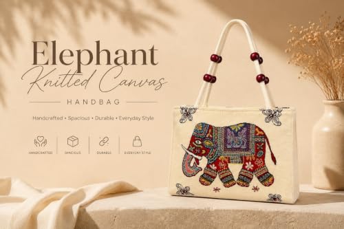 Image of Elephant Print Canvas Tote Bag for Women, Ethnic Shoulder Handbag with Multicolor Elephant Design, Dual Handle Everyday Carry Bag for Shopping, Office, College, Travel & Daily Use