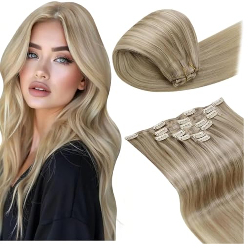 LaaVoo Clip in Hair Extensions Real Human Hair Blonde Hair Extensions Clip in 24 Inch 120g 7pcs Full Head Straight Highlight Golden Blonde Remy Hair Double Weft #16/22