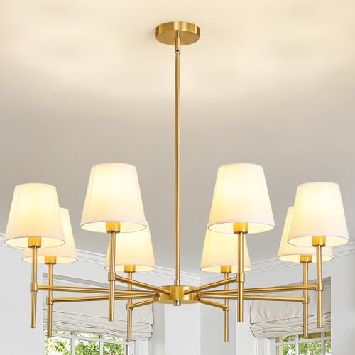 RUIYEY Dining Room Chandeliers Light - 8-Light Gold Modern Chandelier with Fabric Shade, Height Adjustable Mid Century Ceiling Lighting Fixture for Bedroom Kitchen Entryway Foyer