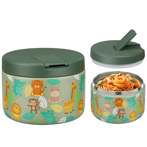 Itslife Termo para Comida 350ml, Taza Aislada de Acero Inoxidable para Alimentos Fríos y Calientes, Recipiente Térmico Apto con Cubrehebillas & Cuello Ancho para Escuelas, Oficinas Verde-Animal