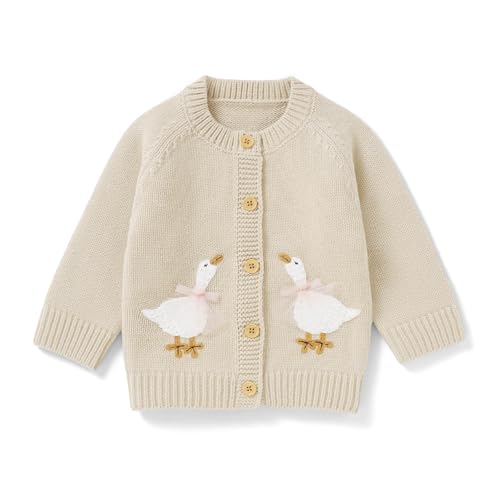 Image of DovFanny Baby Toddler Girl Boy Cardigan Warm Sweater Knitted Long Sleeve Jumpers Cozy Coats Clothes with Cute Goose (UK, Age, 6 Months, 9 Months, Camel)