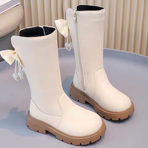 Girls Knee High Fashion Riding Boots Side Zipper Pearl Bowknot Winter PU Leather Shoes for Toddler Little Big Kids3