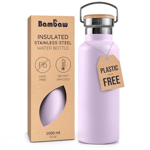 Bambaw Insulated Water Bottle 32 oz, Leak-Proof Water Bottle Stainless Steel, Keeps Drinks Cold for 24h Cold and Hot for 12h, With a Wide Mouth for Easy Cleaning & To Fit a Tea Infuser (Lavender Haze)