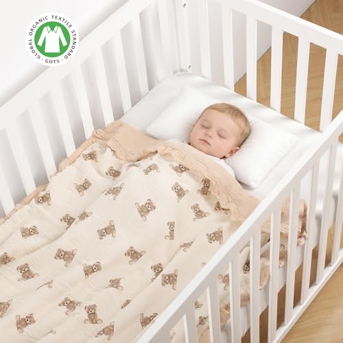 Image of 100% Organic Cotton Muslin Baby Blanket Flounce Edge Large 50 inchx43 inch Teddy Bear, Soft Breathable Toddler Quilt Crib Blankets Gender Neutral for Baby Boys and Girls Bassinet, Bed, Stroller & Snuggling