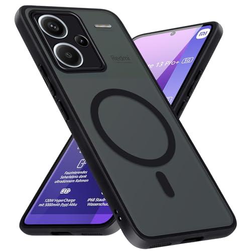 Xiltlly Magnetische Schutzhülle für Xiaomi Redmi Note 13 Pro+ 5G Hülle Kompatibel mit MagSafe Cover Durchscheinend Matt Protective Sturzfest Case für Redmi Note 13 Pro Plus 5G 6.67 Zoll Schwarz
