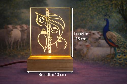 Image of Krishna with Flute LED Night Lamp, Acrylic Engraved Design with Wooden Base, Home Decor Mandir Gift Item with Power Adapter