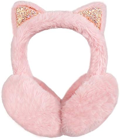 Surblue Foldable Cat Ear Earmuffs Winter Warm Outdoor Ear Covers Headband Fur Ear Warmer, Pink