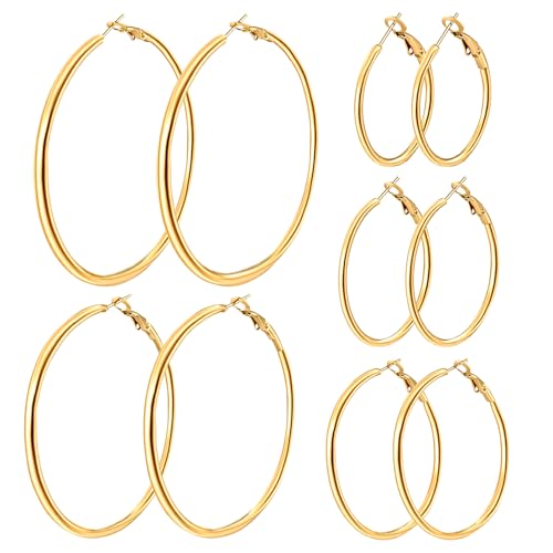 5 Pairs Gold Hoop Earrings for Women, 14K Gold Plated Stainless Steel Hypoallergenic Jewelry Lightweight Large Small Dangle Set