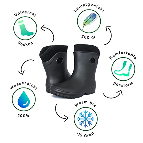 FortMen Federleichte EVA Gefütterte Gummistiefel Damen Thermo 36-41 halbhohe warme Winter Herbst Frühling Stiefel mit Futter Regenschuhe (Schwarz, 39)