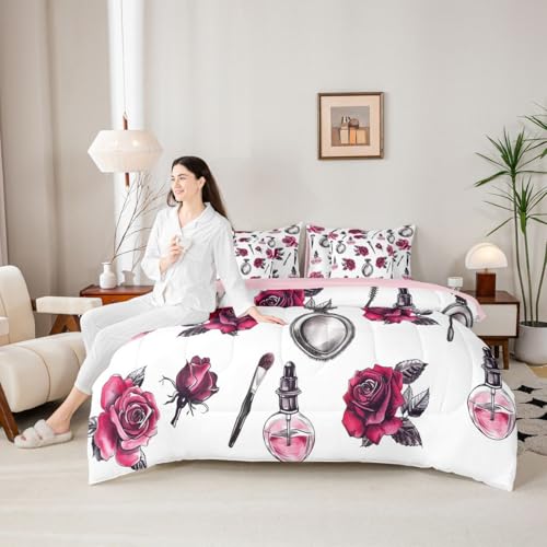 Image of 7 Pcs Pink Rose Queen Size Bedding Sets Girly Lady Makeup Perfume Comforter Set Vintage Sketch Roses Romantic Style Bed in a Bag with Comforter,Flat Sheet,Fitted Sheet,2 Pillowcases,2 Pillow Covers