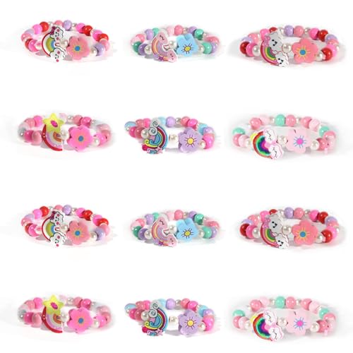 Set de 12 Pulseras de Madera Arcoíris – 6 Diseños Diferentes, Pulseras de Amistad para Niños, Niñas y Niños, Pulsera Infantiles, Detalle para Fiestas Infantiles, Regalo para Niñas de 5-10 Años