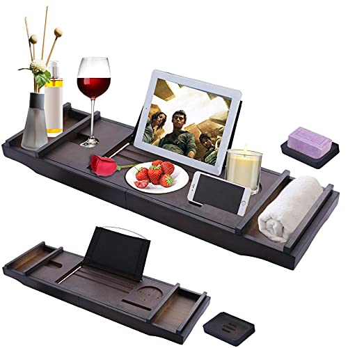 Bandeja Bañera de Bambú Extensible 73-110cm, Bandeja para Baño con Soporte para Libros, Tabletas, Móvil, Copas de Vino, con Jabonera, Impermeable y Resistente al Moho