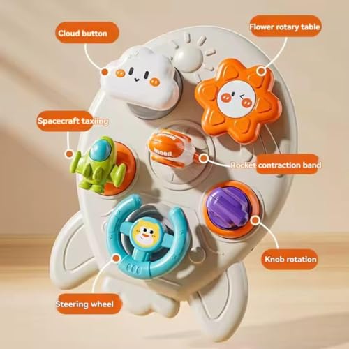 Image of 6-in-1 Space Rocket Baby Sensory Busy Cube for Toddlers - Montessori Educational Activity Center with Pull Strings, Gears & Clicker - Fine Motor Skills Travel Learning Toy for Infants