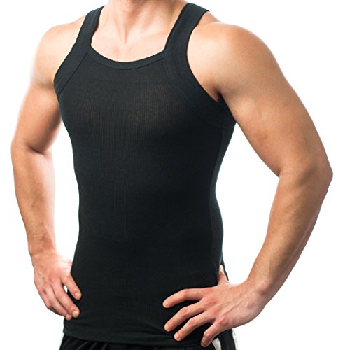 Different Touch Men's G-unit Style Tank Tops Square Cut Muscle Rib A-Shirts -  Large - Black, Pack of 2