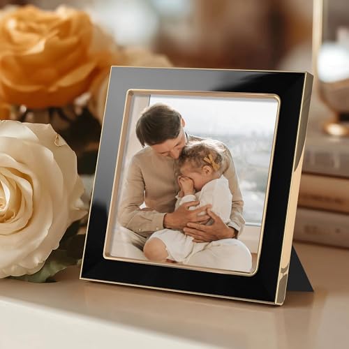 Image of eletecpro 4x4 Enamel Picture Frame with Real Glass Cover, Square Photo Frame with Gold Metal Edge Display Pictures 4 by 4 for Tabletop and Wall Decor, Black, 1 Pack