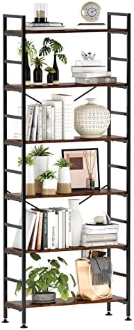 CosyStar 6-Tier Adjustable Tall Bookcase, Rustic Wood and Metal Standing Bookshelf, Industrial Vintage Book Shelf Unit, Open Back Modern Office Bookcases