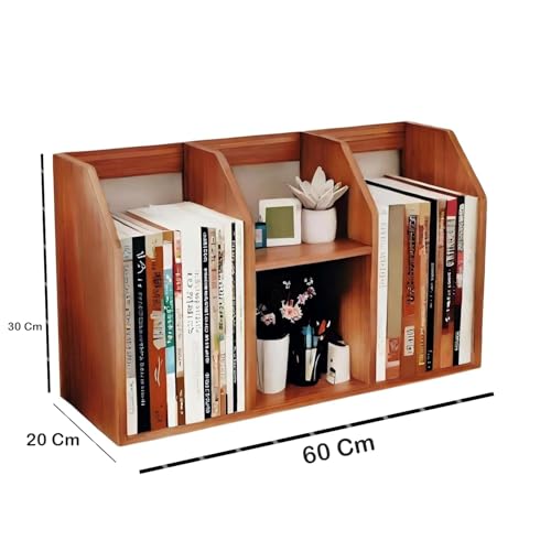 Image of Table Top Bookshelf - Countertop Bookcase with 4 Shelves, DIY Engineered Wood Multipurpose Storage Organizer Table Shelf Book Rack for Home Study Room (Wood Accent)