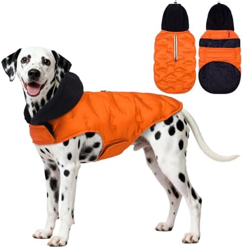 DORA BRIDAL Dog Puffer Coat, Warm Dog Jacket with Hood, Reflective Dogs Cold Weather Coats Pet Winter Vest for Large Dogs, Pet Winter Vest, Orange, XL