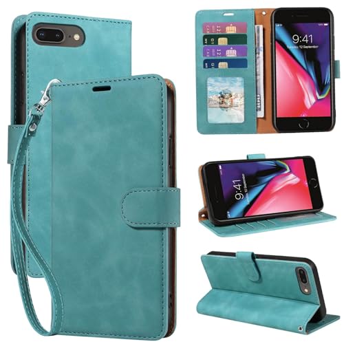 JHWVVTF for iPhone 8 Plus Case Wallet, for iPhone 6/6S/7 Plus Case, [RFID Blocking 4 Card Slots] 2025 Soft PU Leather Phone Cover, Wrist Strap, Shockproof Protective, Stand Flip (Green)
