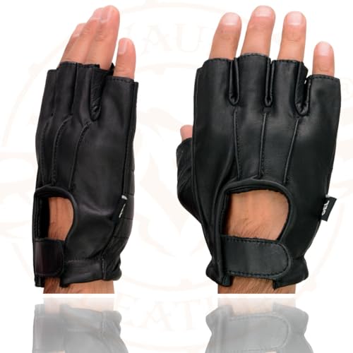 Image of Milwaukee Leather SH198 Men's Black Flame Embroidered Fingerless Gloves with Gel Palm | Padded Comfort; Vibration Relief; Flame Embroidery
