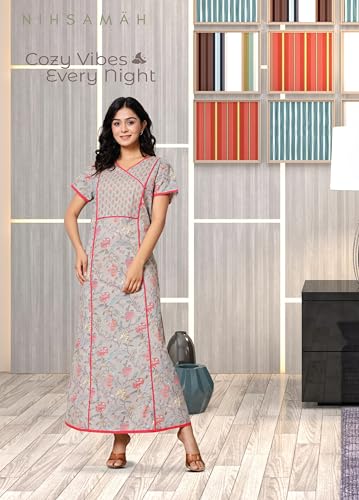 Image of NIHSAMAH Cotton Night Gown for Women - Angrakha Style Nighty, Comfortable Sleepwear /Nightwear /Maxi