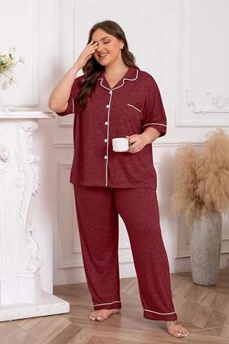 Image of Vozanet Women Plus Size Pajamas Button Down Rayon Softness PJS Classic Sleepwear Short Long Loungewear 2pcs with Pockets
