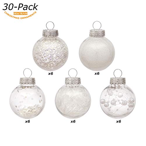 Sea Team Shatterproof Clear Plastic Christmas Ball Ornaments Decorative Xmas Balls Baubles Set with Stuffed Delicate Decorations (50 mm/1.97"/30-Pack, White) - Thumbnail 2