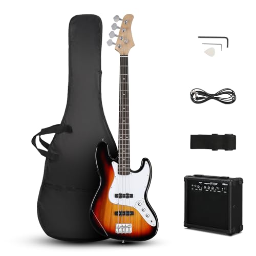 Ktaxon Electric Bass Guitar with 20Watt Amplifier, 4 String Right Handed Electric Bass Kit for Beginner & Professionals W/a Bag, Shoulder Strap, Guitar Pick, Wrench Tool(Brown Sunburst)