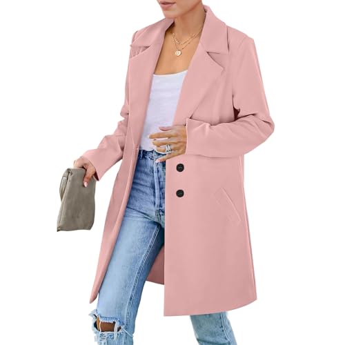 Image of OIOLOYJM Long Fall Winter Wool Coats for Women 2025 Notched Lapel Collar Double Breasted Peacoat Trench Coat Jackets Overcoat Pink M