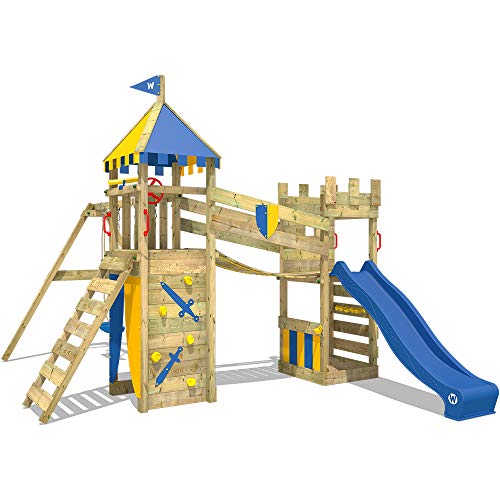 WICKEY Spielturm Ritterburg Smart Fort mit Schaukel & Blauer Rutsche, Spielhaus mit Sandkasten, Kletterleiter & Spiel…