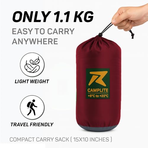 Image of Rocksport Camp Lite Sleeping Bag for Adults (8C to 20C) | Lightweight, Compact & Waterproof Sleeping Bag for Men & Women | Butter NS Fabric, Indoor & Outdoor Camping Accessories (Maroon /Grey STR)
