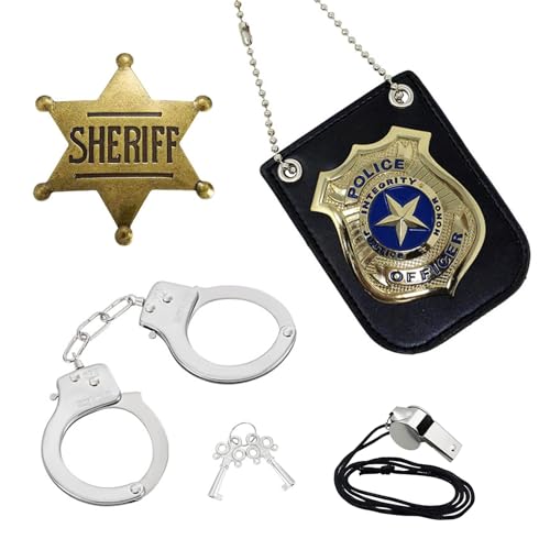 POPAPIE Police Costume Accessoires, 5 Pièces Police Equipement Accessoires Enfant, Menottes Police, Insigne De Police, Accessoires De Police Pour Enfants, Avec Jeu De RôLe, Halloween Carnaval Party