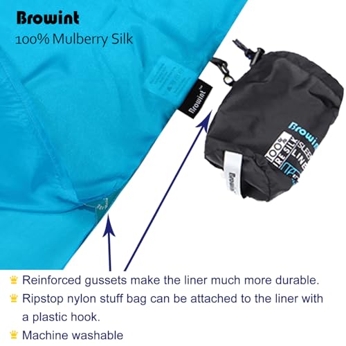 Image of Browint Silk Sleeping Bag Liner, Silk Sleep Sheet, Sack, Extra Wide 87 inchx43 inch, Lightweight Travel and Camping Sheet for Hotel, More Colors for Option, Reinforced Gussets, Pillow Pocket