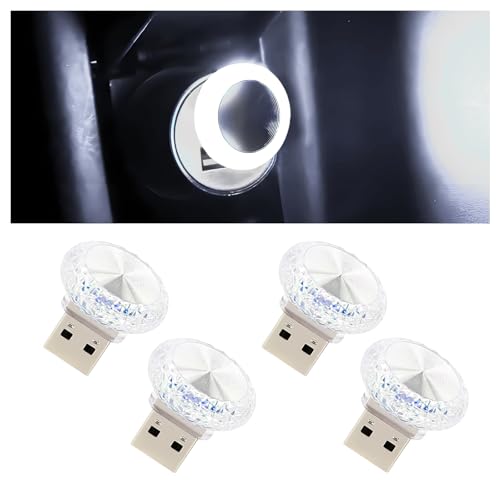 Hovom 4PCS USB LED Car Interior Atmosphere Lamp, Portable Mini Car LED Night Light Decoration, Plug-in USB Automotive Ambient Lighting Kit, Universal for Cars SUVs Trucks RVs (White)