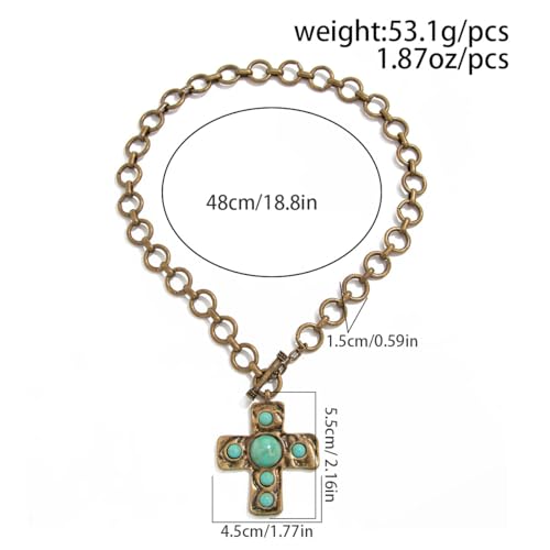 Boho Turquoise Cross Necklace for Women Vintage Cross Pendant Necklace Country Concert Accessories Hip Hop Costume Jewelry Gifts for Women4