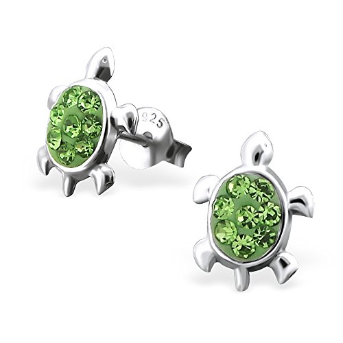 925 Sterling Silver Peridot Green Crystal Sea Turtle Stud Earrings 16296 (Nickel Free)
