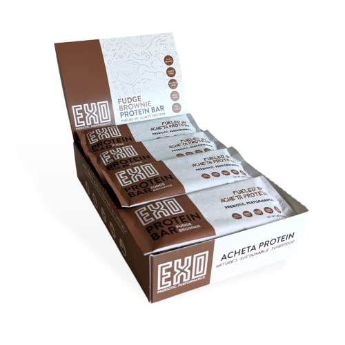 EXO Prebiotic Protein Bars, Fudge Brownie | Dairy Free, Gluten Free, Low Sugar | 14g Protein, Sustainable, B12, Gut Heath, | Non-GMO. Vegetarian, Paleo | Vitamins, Sustained Energy, 12 Count,