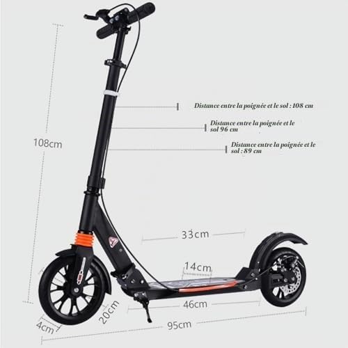 Scooter Adulte Support de Scooter de Trajet en Aluminium 100 kg, Scooter Pliant Non électrique avec Frein à Disque, Guidon réglable