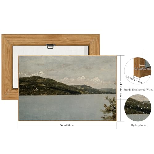 crmotu Framed Canvas Wall Art, Lake Landscape Vintage Large Artwork, Nature Scenery Retro Art Prints, Mountain River Moody Wall Painting for Living Room Bedroom Bathroom Office Decor Aesthetic 24x36in