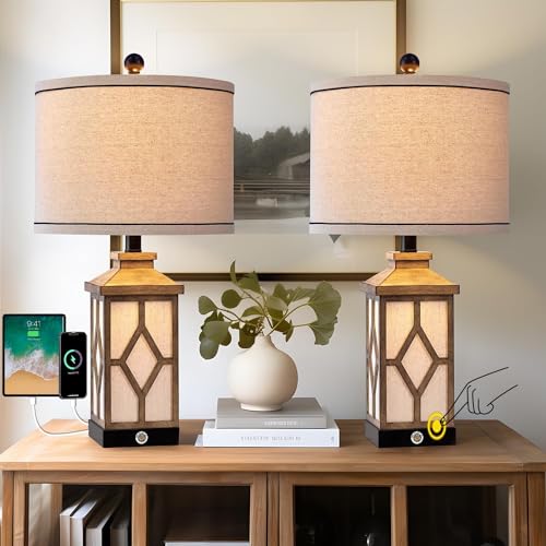 23.5" Boho Table Lamps Set of 2 Modern Farmhouse Bedside Lamps with USB A+C Charging Ports 3-Way Dimmable Retro Lamps for Living Room Touch Lamps for Night Stands Bedroom Lamps