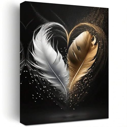 Peinture sur toile plume blanche et dorée insufflez de la poésie et de la douceur dans votre salon