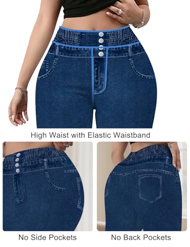 Ctsazhy Plus Size Pants for Curvy Women,Stretchy Wide Leg Trousers,Casual Denim-Print Look Flared Leggings Blue,2XL — view 3