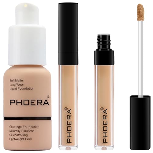 PHOERA Liquid Concealer - Natural Coverage, Lightweight Foundation for Women (103 Warm Peach + 103#BEIGE)