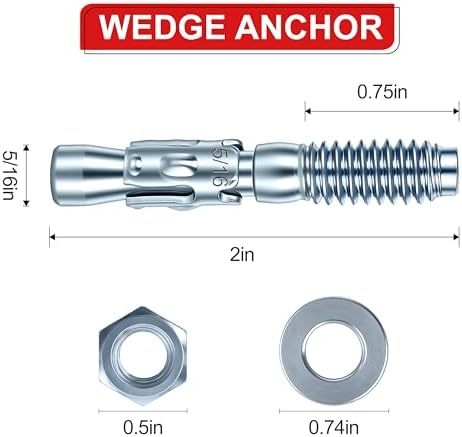 Ahniiqo 5/16 x 2 inch Wedge Anchors, 12 pcs Concrete Screw and Anchor Kit, Galvanized Concrete Anchors, Concrete Wall Anchors and Brick Anchors, Suitable for Concrete Floors and Walls - 1